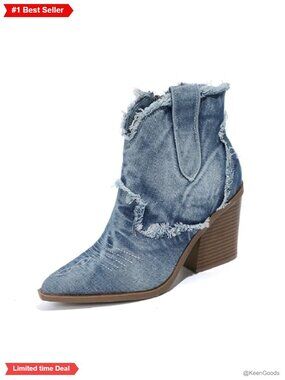 Denim Western Cowboy Ankle Boots Pointed Toe Stacked Heel Side Zip